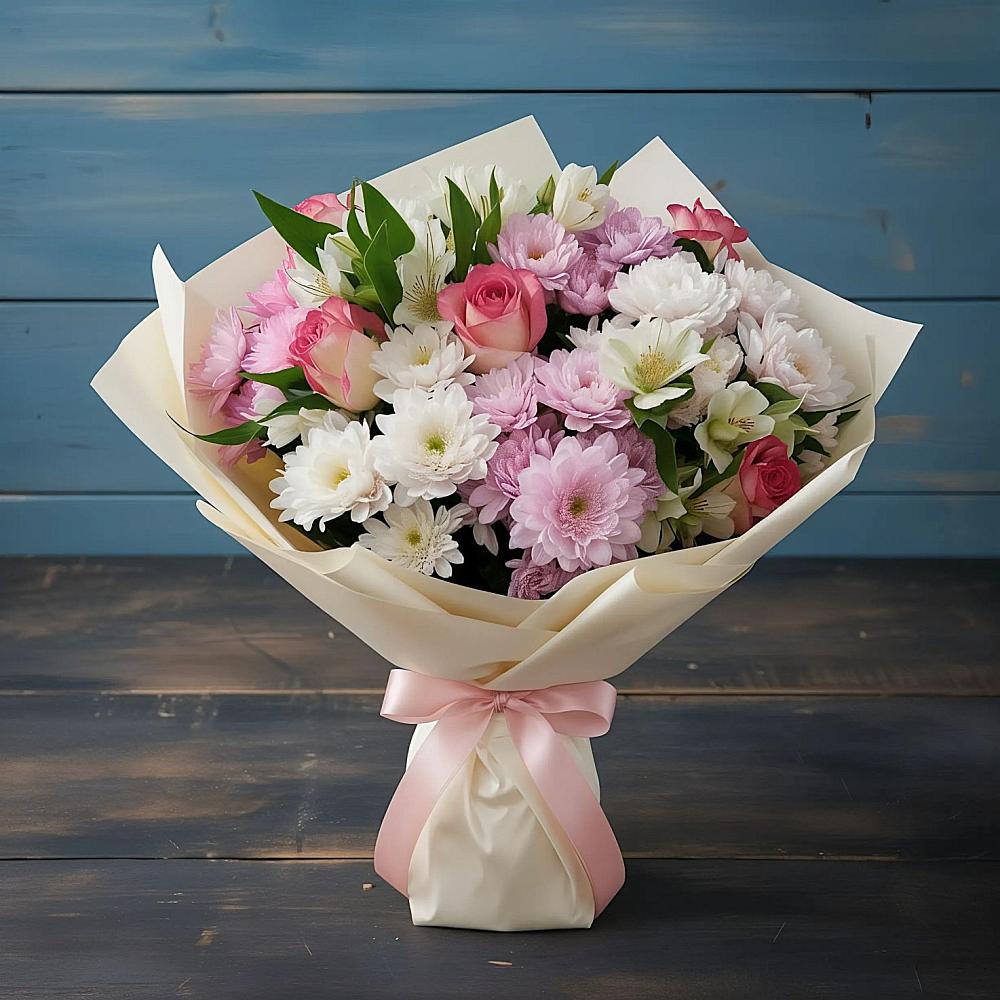 Букет цветов из: Хризантемы, Альстромерии и Розы в Стародубском